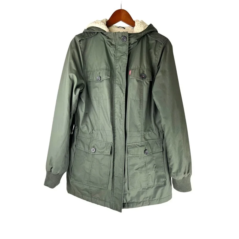 Grunge Levi Strauss & Co Hooded Sherpa Lined Army Green Jacket, Women's Medium - Picture 4 of 16